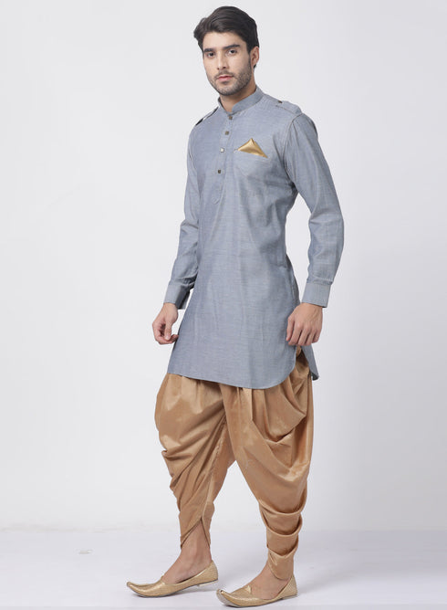 VASTRAMAY Men's Grey Cotton Kurta and Dhoti Pant Set